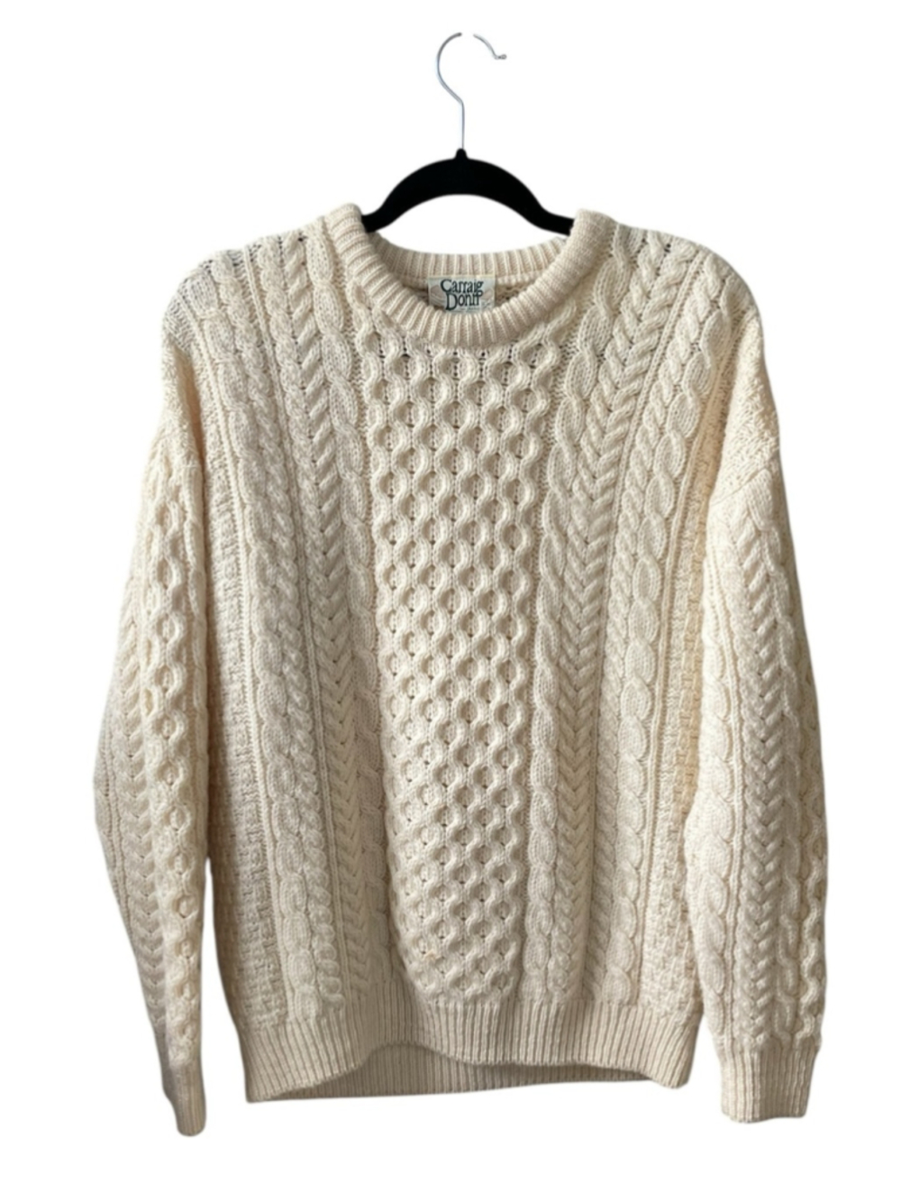 CARRIG DONN Vintage Aran Irish Wool Crewneck Cable Knit Sweater in Cream M